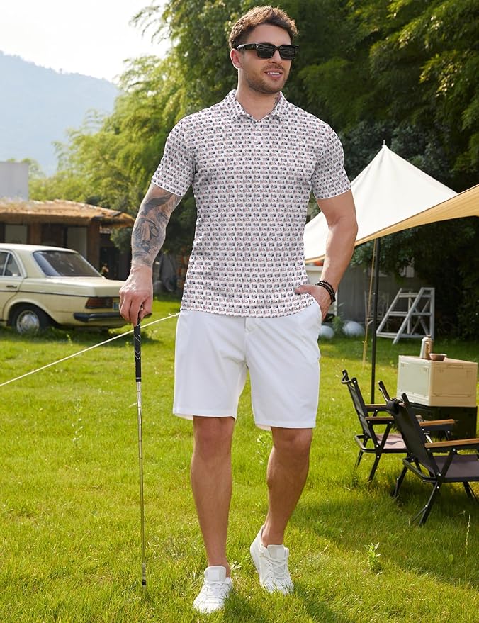 HUURAY Funny Golf Polos for Men Funny Print Short Sleeve Shirts Quick Dry Polo Shirts Hawaiian Shirt Performance Golf Outfits