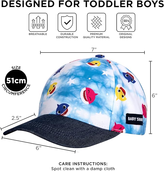 Pinkfong Boys Baseball Cap, Baby Shark Adjustable Toddler Hat for Ages 2-4