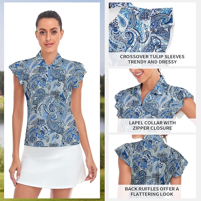 Soneven Womens Petal Sleeve Golf Shirts Moisture Wicking Lady Golf Apparel Print Tennis Sport T Shirt