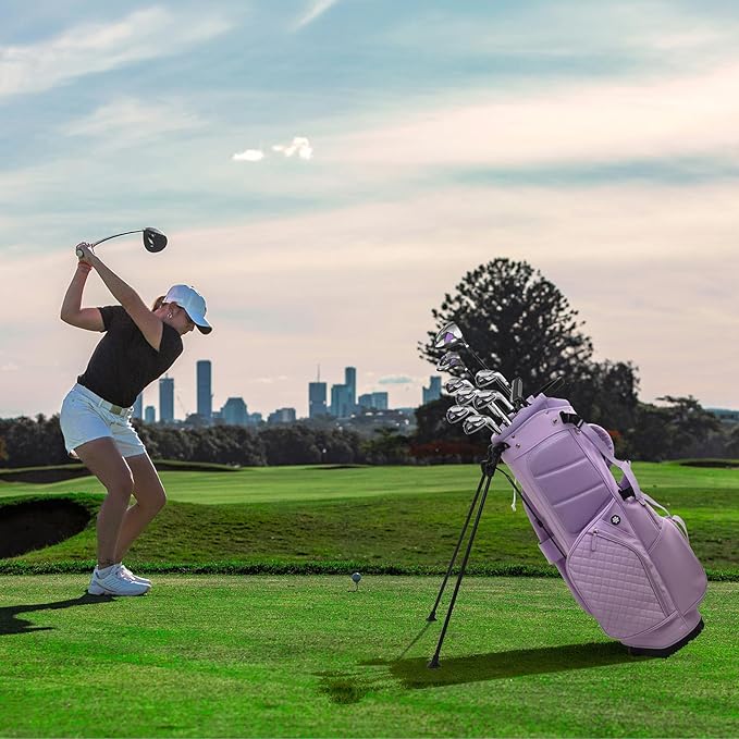 Luxury Womens Golf Bag, PU Leather Golf Stand Bag for Women/Ladies, 14-Way Full-Length Top Dividers, Ultra Lightweight, Large Pockets for Accessories