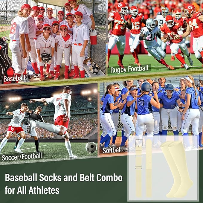 Baseball Socks and Belt for Youth Adult Softball Socks Combo Elastic Waist Belt for Men Kids Boys Girls Women JASGOOD