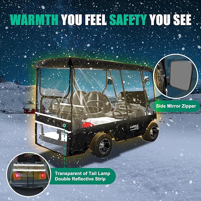 Golf Cart Enclosure 4 Passenger Extended Roof for EZGO/Club Car/Yamaha/ICON, Fits 2+2 Seater Model, 600D Waterproof Rain Cover with Clear PVC Windows and 4-Sided Roll-Up Zipper Doors