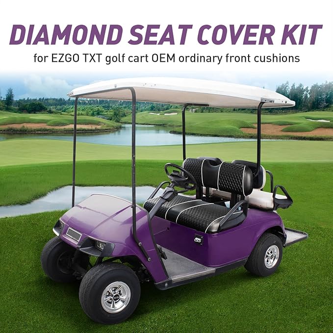 NOKINS Golf Cart Seat Covers Fit for EZGO TXT 1994-2013/EZGO RXV OEM Standard Front Seat Cushion, Backrest Vinyl Leather Litte Diamond Seat Covers, No Stapler Required (Black&White Piping)
