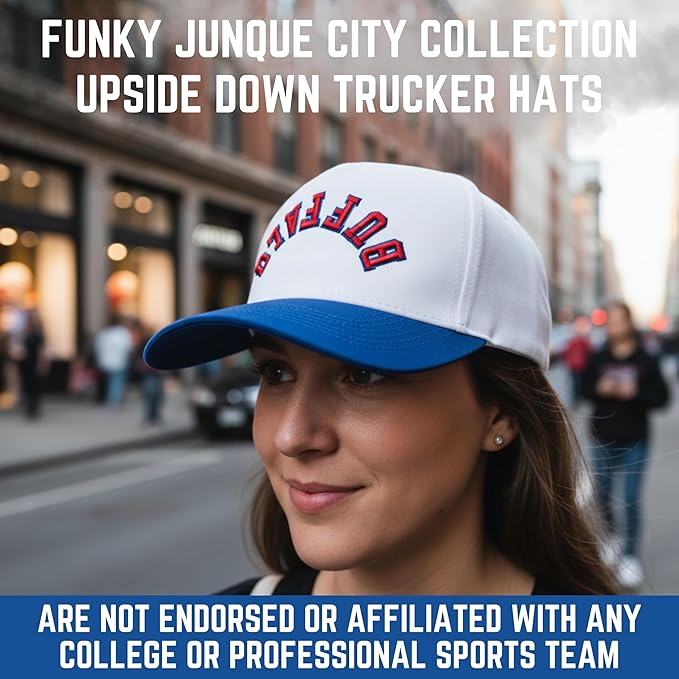 Funky Junque Upside Down City Trucker Hat for Men and Women – Unisex 3D Embroidered Gameday Baseball Cap, Retro Snapback Hats