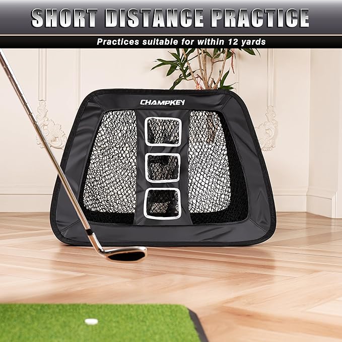 CHAMPKEY Double -Sided Golf Chipping Net with Mat and 12 Foam Balls - Professional Golf Practice Net Ideal for Indoor and Outdoor Training
