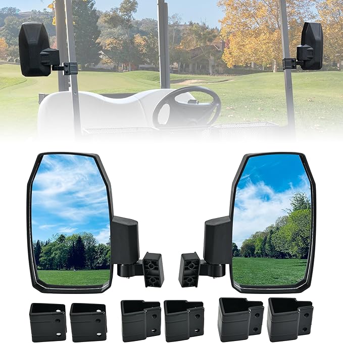 SAUTVS Adjustable Side Mirror for Yamaha, Club Car, EZGO, Most Golf Cart with 0.75"/1"/1.25" Square Tube Roof Bracket, Universal Folding Side Rear View Mirrors Accessories, No Drilling Required