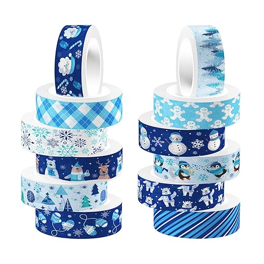 12 Rolls Winter Washi Tape Set Blue White Snowflake Snowman Holiday Masking by Unknown