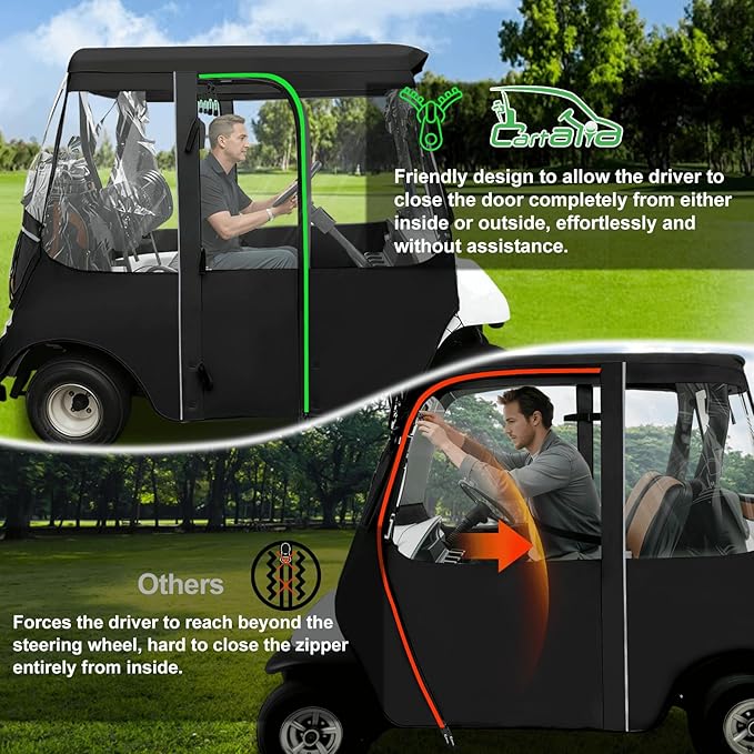 Golf Cart Deluxe Driving Enclosure 2 Passengers Fits EZGO TXT & RXV Golf Cart, Fits Short Roof 40.94" W and 59.05" L, Clear Window with Door Zippers 600D Heavy Duty Drivable Rain Covers