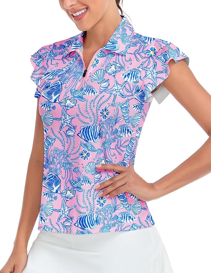 Soneven Womens Petal Sleeve Golf Shirts Moisture Wicking Lady Golf Apparel Print Tennis Sport T Shirt