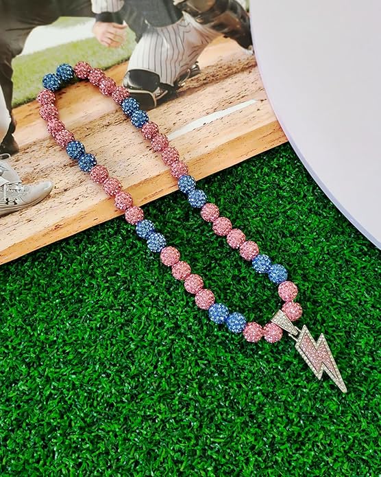 Baseball Necklace for Men 16/18/20 Inch Bling Ice Collection Lightning Bolt Pendant Necklace for Women Rhinestone Clay Beaded Discoball Accessories Gifts for Baseball Team Players Lovers