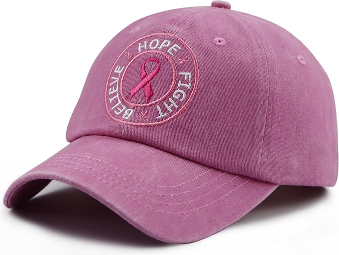 Believe Hope and Fight Hat for Women, Adjustable Cotton Embroidered Pink Ribbon Breast Cancer Baseball Cap