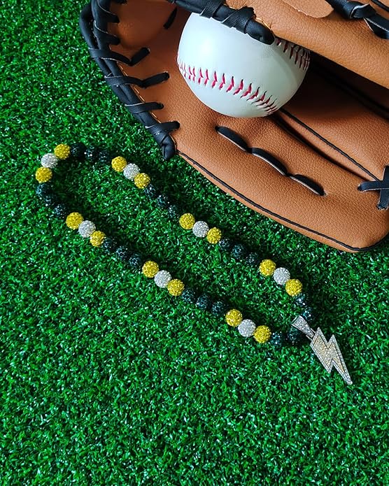 Baseball Necklace for Men 16/18/20 Inch Bling Ice Collection Lightning Bolt Pendant Necklace for Women Rhinestone Clay Beaded Discoball Accessories Gifts for Baseball Team Players Lovers