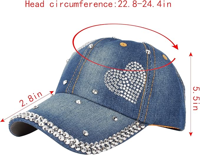 Hoce Fashion Rhinestone Denim Baseball Cap Studded Bling Hat for Women