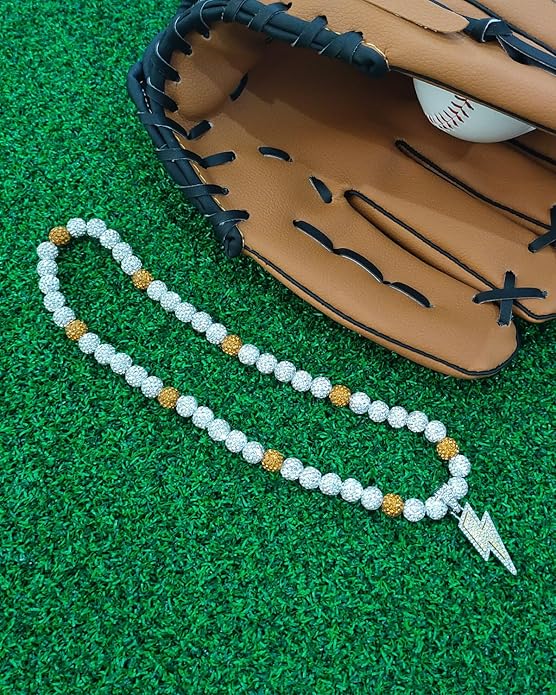 Baseball Necklace for Men 16/18/20 Inch Bling Ice Collection Lightning Bolt Pendant Necklace for Women Rhinestone Clay Beaded Discoball Accessories Gifts for Baseball Team Players Lovers