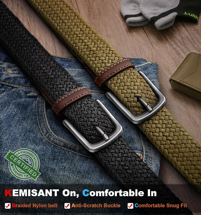 KEMISANT Men's Golf Belt 2 Pack-Braided Woven Stretch Belt for Gift Men Casual Jeans Sports Work 1 3/8"