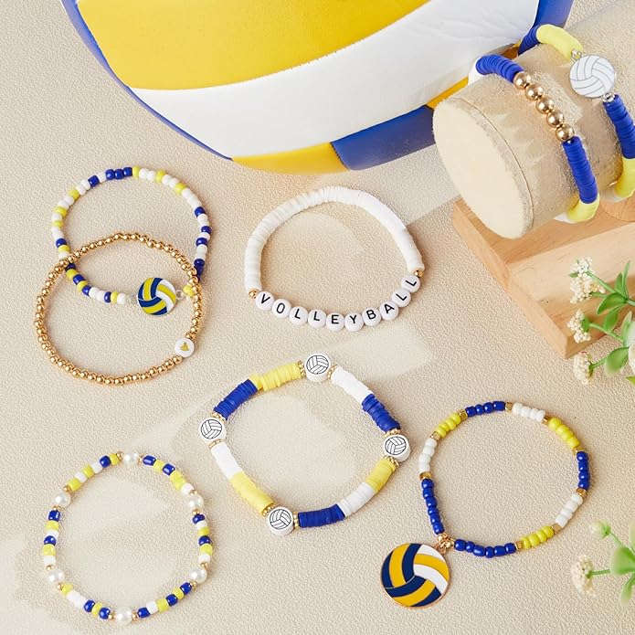 Huquary 8 Pack Sports Bracelets for Women Mom Soccer Baseball Football Volleyball Basketball Stackable Heishi Clay Beaded Bracelet Accessories Fan Outfits Jewelry Gifts for Sports Party Favor
