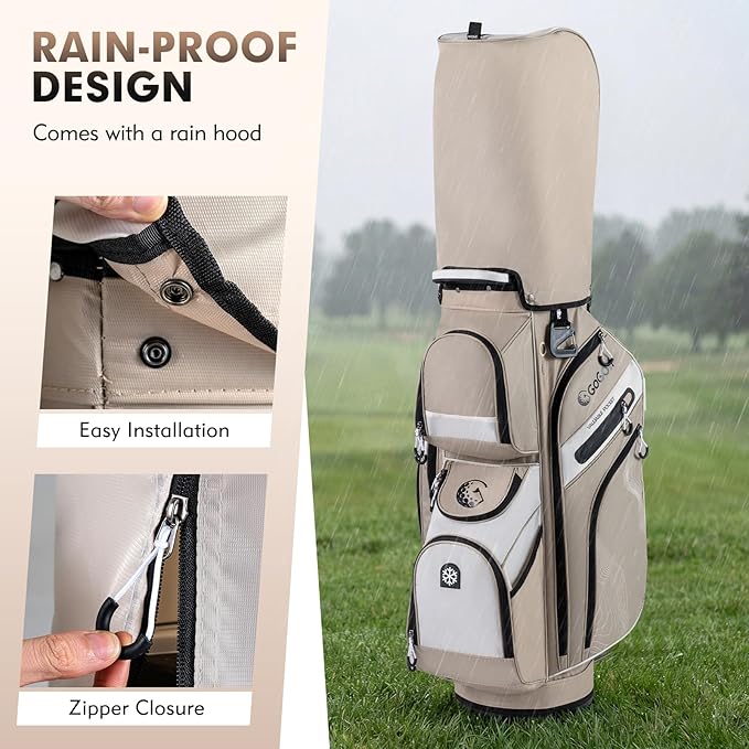Tangkula Golf Cart Bag with 14-Way Full Length Dividers, 6 Molded Lock Top Golf Club Bag with 11 Pockets, Cooler Bag, Padded Strap, Handles, Umbrella Holder & Rain Hood