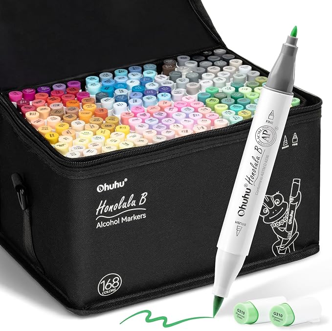 Ohuhu Alcohol Markers Brush Tip: 168-Color Double Tipped Art Marker Set by Ohuhu