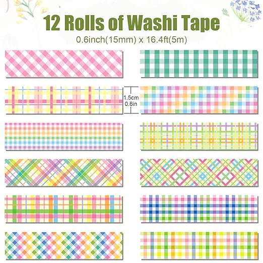 12 Rolls Plaid Washi Tape Set, Colorful Pastel Buffalo Plaid Checkered Masking - Image 2