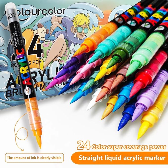 24 Colors Acrylic Paint Pens, Non-Bleeding Brush Tip Markers Pens - Image 5