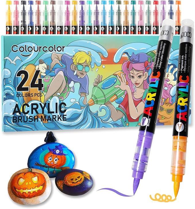 24 Colors Acrylic Paint Pens, Non-Bleeding Brush Tip Markers Pens by Colourcolor