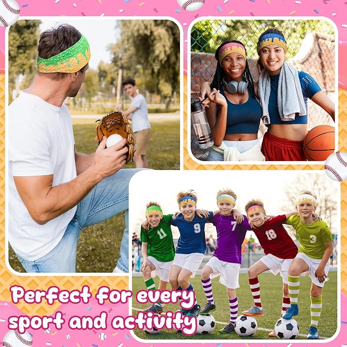 6 Pcs Baseball Drip Headband Ice Cream Drip Teenager Sweatband Multi-Color Elastic Polyester for Baseball Football Golf Sports Women and Men Accessories