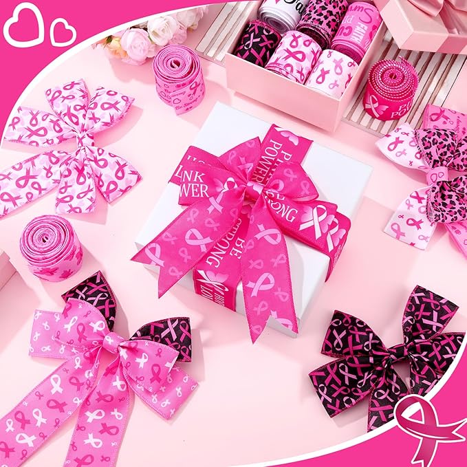 12 Rolls 60 Yards Breast Cancer Awareness Wired Edge Ribbon Pink Butterfly - Image 3