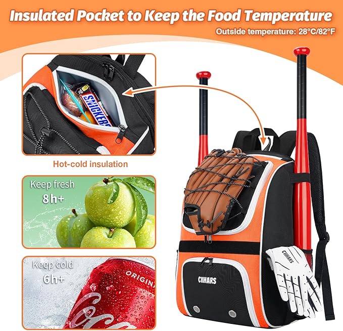 Youth Baseball Bag - Baseball Backpack Bat & Glove Holder, T-Ball & Softball Equipment & Gear,Large Main Compartment for Helmet & accessories, Fence Hook，Insulation Pocket