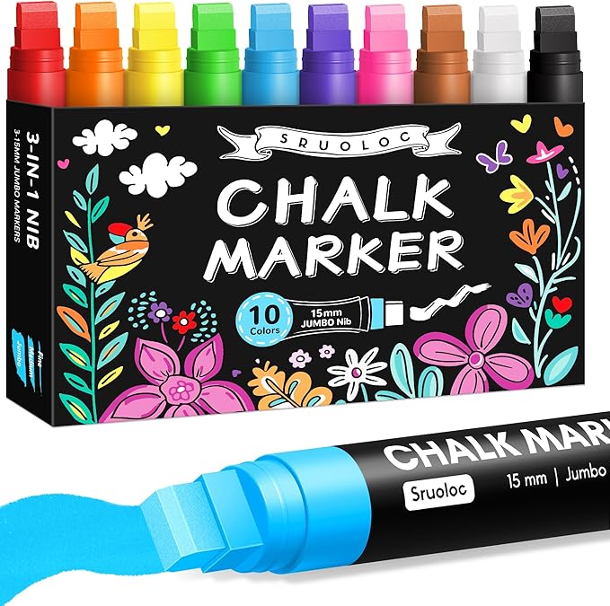 Window Chalk Markers for Glass Washable, 10 Colors Jumbo Liquid Chalk Marker by Sruoloc