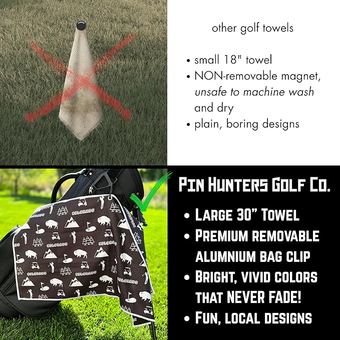 Pin Hunters Colorado-Themed Microfiber Golf Towel | Premium Waffle Towel with Clip | Large 31"×15.5" Towel for Golf Bags | Accessories for Men | Fun Gift for Husband | USA Pride
