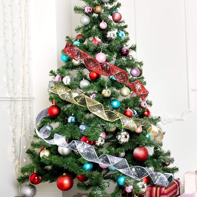 2.5 Inch Wide Christmas Wired Ribbon Snowflake Organza Sheer Glitter Ribbon - Image 4