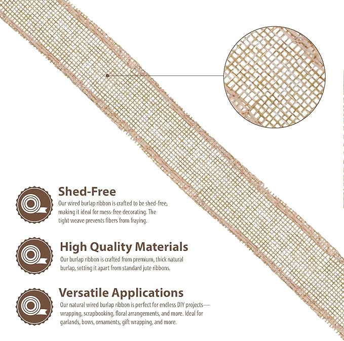 Mandala Crafts Natural Burlap Wired Ribbon 1 Inches Wide Jute Ribbons - Image 3