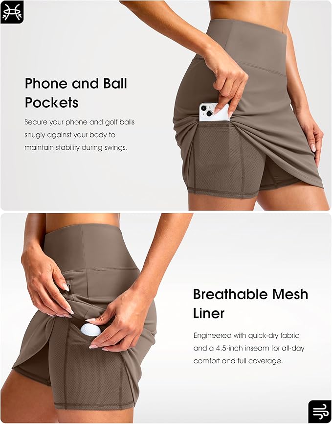 G Gradual 18" Golf Skirts for Women Zipper Pockets Mid Length Skort with Shorts Underneath High Waist Tennis Pickleball