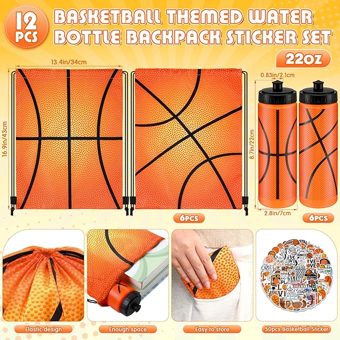 24 Pcs Basketball Water Bottle Basketball Drawstring Bag Set with 50 Sticker Basketball Party Favors 12 Reusable Sports Squeeze Water Bottle 20oz 12 Basketball Goodie Gift Bag for Basketball Team Gift