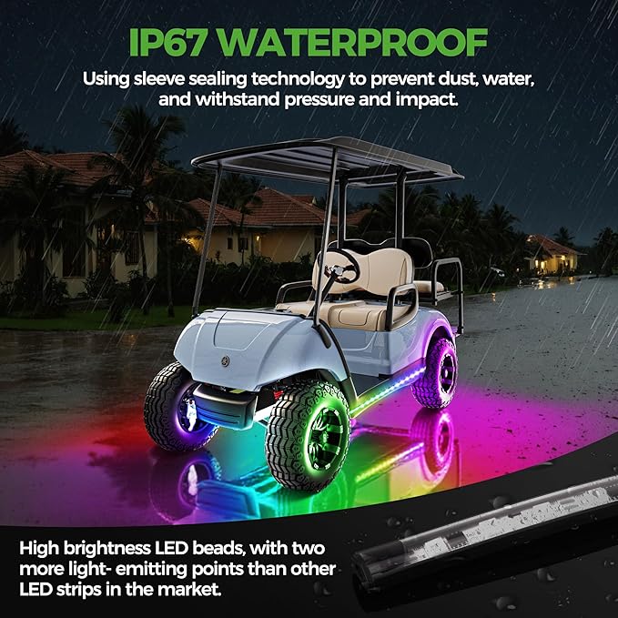 10L0L 4PCS Golf Cart Underglow LED Light Strip Kit, 22 Modes Glow Neon Underbody Lighting with Wireless Remote Control Music Sync IP67 12V-80V Input for Yamaha EZGO Club Car