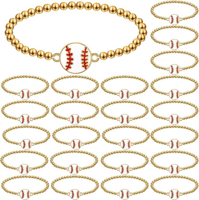 Tondiamo 24 Pcs Cheer Baseball Softball Soccer Basketball Football Tennis Bracelets Gifts Bulk Beaded Stretch Bracelets Charm Gifts Sport Jewelry Party Favors Supplies