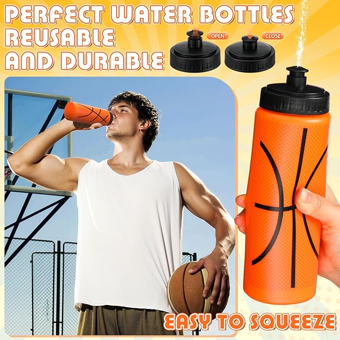 24 Pcs Basketball Water Bottle Basketball Drawstring Bag Set with 50 Sticker Basketball Party Favors 12 Reusable Sports Squeeze Water Bottle 20oz 12 Basketball Goodie Gift Bag for Basketball Team Gift