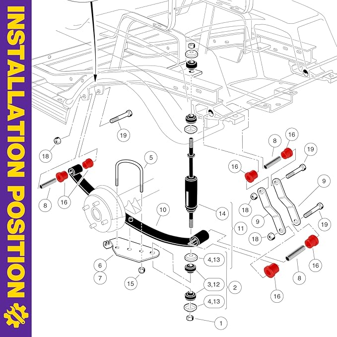 Club Car DS Front & Rear Leaf Spring Bushing Kit, Golf Cart Leaf Spring Polyurethane Bushing and Sleeves for 1981-Up DS, Upgraded Red GolfCart Suspension Shackle Parts OE Replaces 1012303 1015583
