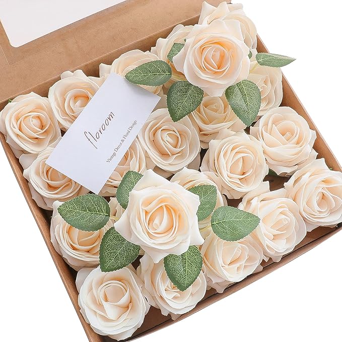 Floroom Artificial Flowers 20pcs Real Looking Cream High-Centered Foam Fake by Floroom