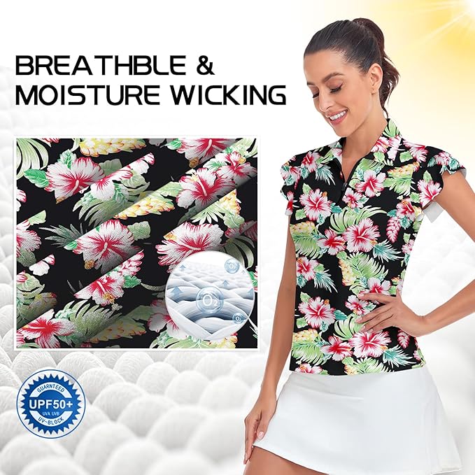 Soneven Womens Petal Sleeve Golf Shirts Moisture Wicking Lady Golf Apparel Print Tennis Sport T Shirt