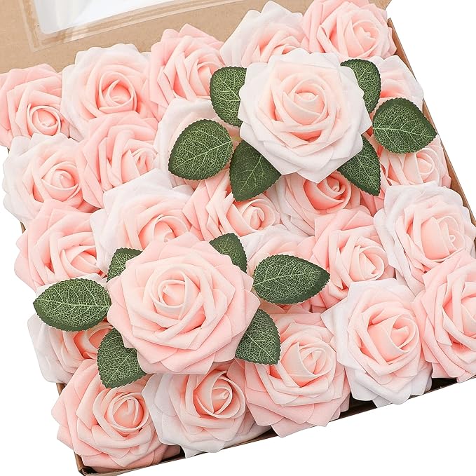 Floroom Artificial Flowers 25pcs Real Looking Blush Shades Foam Fake Roses by Floroom