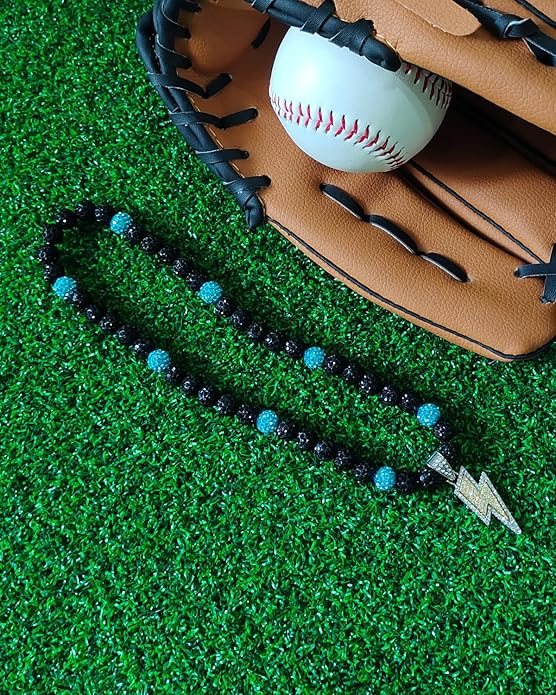 Baseball Necklace for Men 16/18/20 Inch Bling Ice Collection Lightning Bolt Pendant Necklace for Women Rhinestone Clay Beaded Discoball Accessories Gifts for Baseball Team Players Lovers