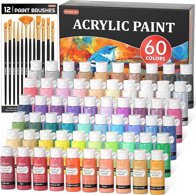 72 Pack Acrylic Paint Set, Shuttle Art 60 Colors Acrylic Paint Including Extra by ShuttleArt