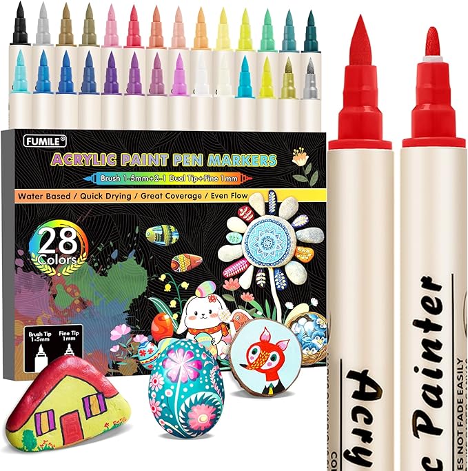 FUMILE 28 Colors Dual Tip Acrylic Paint Marker, Paint Pens paint Markers Fine by FUMILE