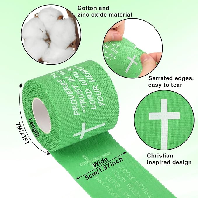 MiniInflat 2 Pcs Christian Cross Athletic Tape Sports Tape 2in x 23ft Religion Jesus Wrist Wrap for Soccer Football Baseball, Gift for Graduation Teacher Nurses Week Pentecost(Green,Proverbs)