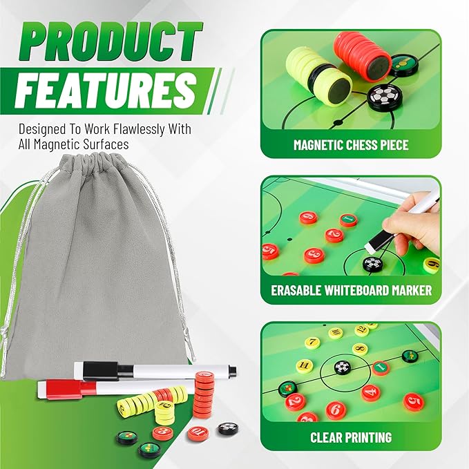 ZPU 27 Picese Soccer Board Magnets, Soccer Magnets Set with 2 Dry Erase Black Marker Pens, 2 Red Marker Pens, 1 Storage Bag, Tactics Strategy Board Coaches Clipboard Accessories (Board NOT Included)