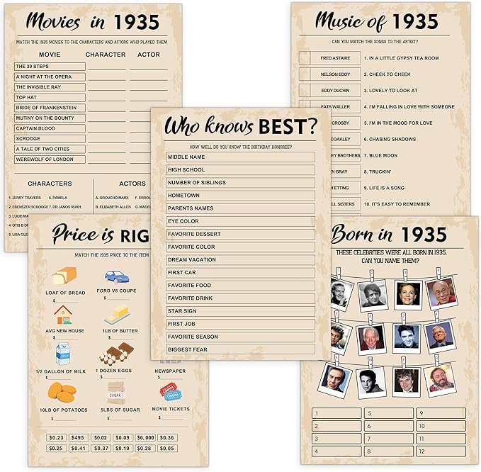 90th Birthday Party Games, Born in 1935 Games Bundle, Birthday Party Supplies by QUPT