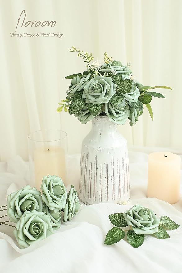 Floroom Artificial Flowers 50pcs Real Looking Elf Green Foam Fake Roses - Image 2