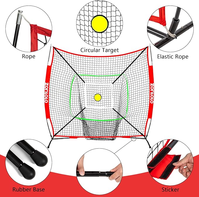 ZONLOLO 6x6ft Portable Baseball & Softball Net for Hitting and Pitching, with Sturdy Bow Frame and Carry Bag, Special Circular Target and Strike Zone for Accurate Throwing Practice, Great for Kids