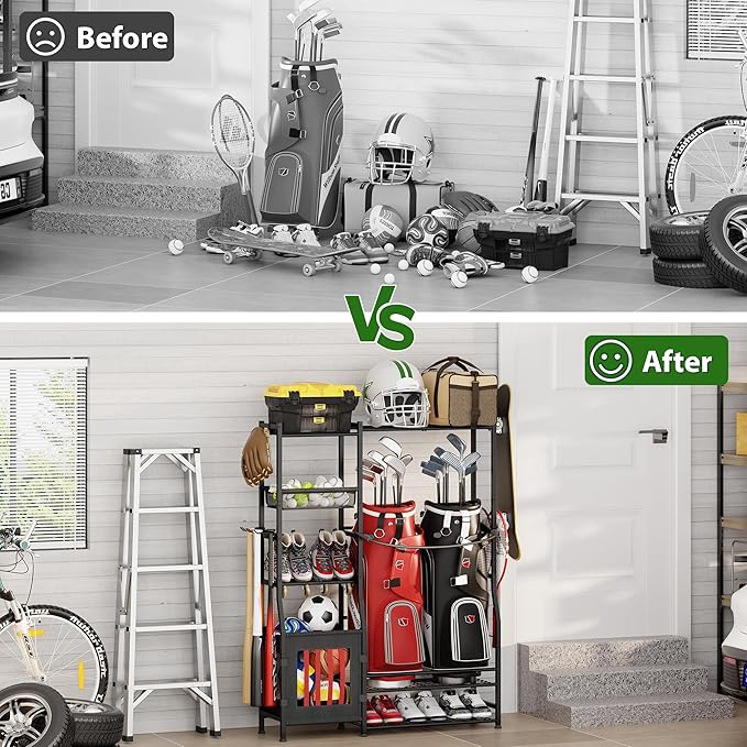 Sonyabecca Garage Sports Equipment Organizer, Golf Bag Storage Rack, Organizer for 2 Golf Bag, Indoor/Outdoor Ball Storage Bins for Toy Sports Gear Storage, Ideal for Home, Garage, Club, Basement